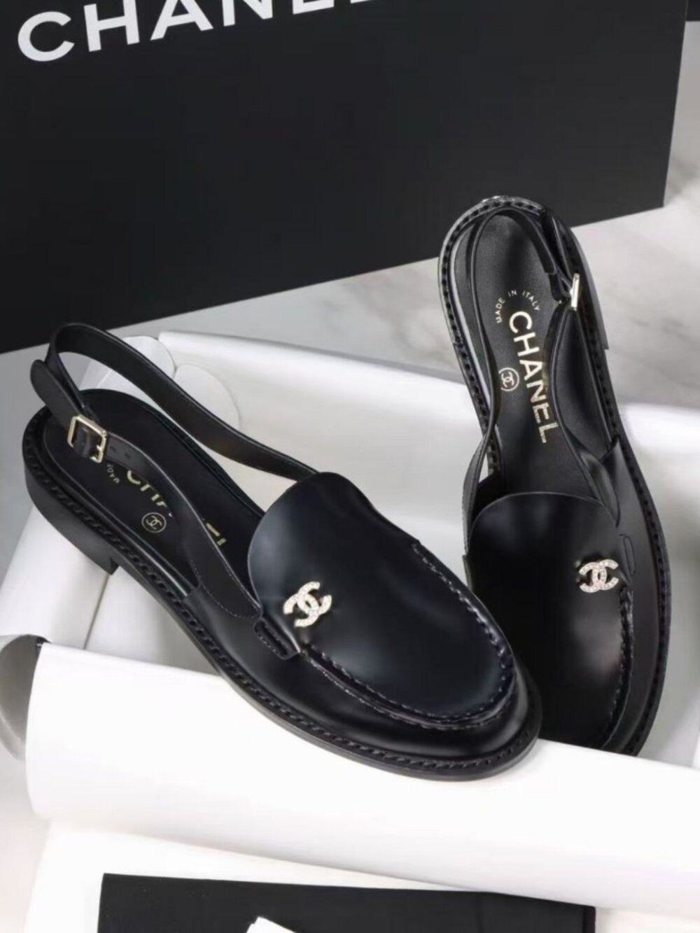 CHANEL Black Slingback Loafers